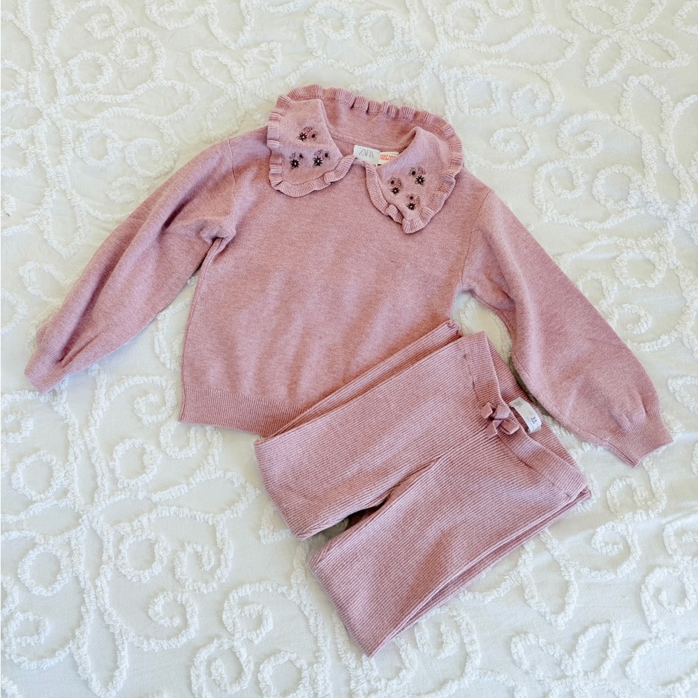 Zara Blush Knit Set with Floral Collar